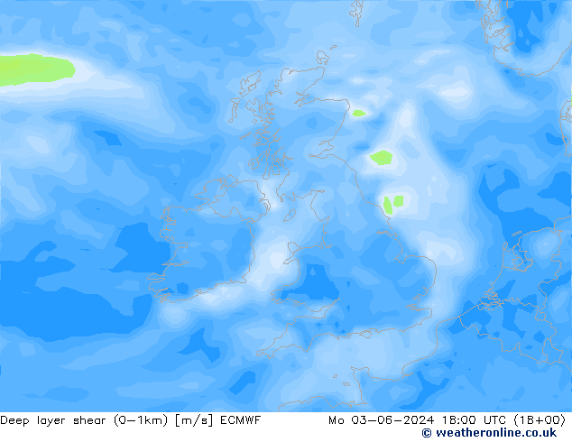 Deep layer shear (0-1km) ECMWF lun 03.06.2024 18 UTC