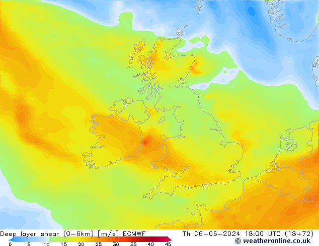 Deep layer shear (0-6km) ECMWF do 06.06.2024 18 UTC