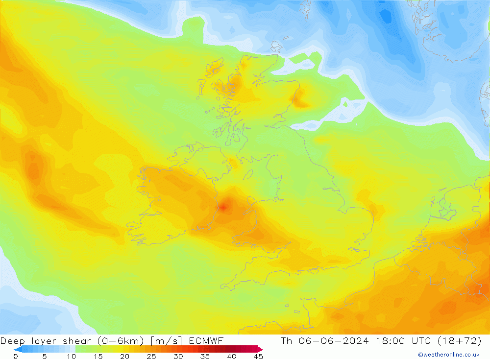 Deep layer shear (0-6km) ECMWF do 06.06.2024 18 UTC