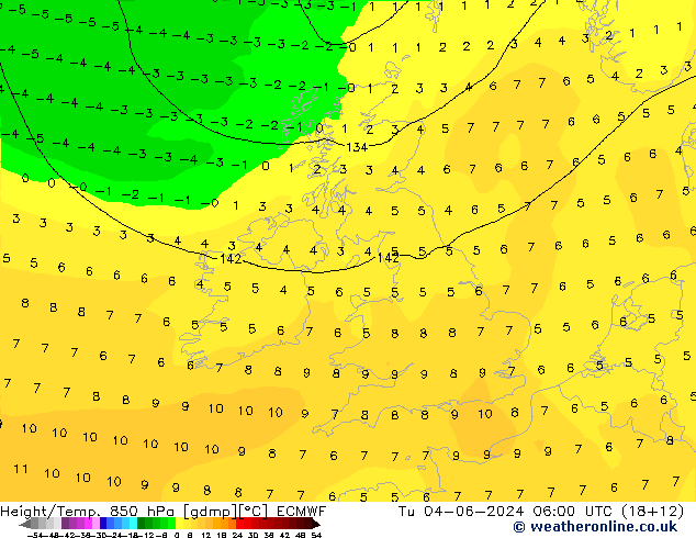 Z500/Rain (+SLP)/Z850 ECMWF Út 04.06.2024 06 UTC