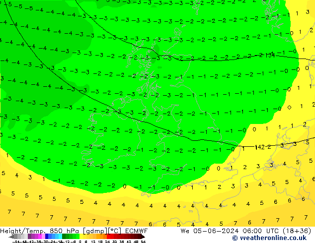 Geop./Temp. 850 hPa ECMWF mié 05.06.2024 06 UTC