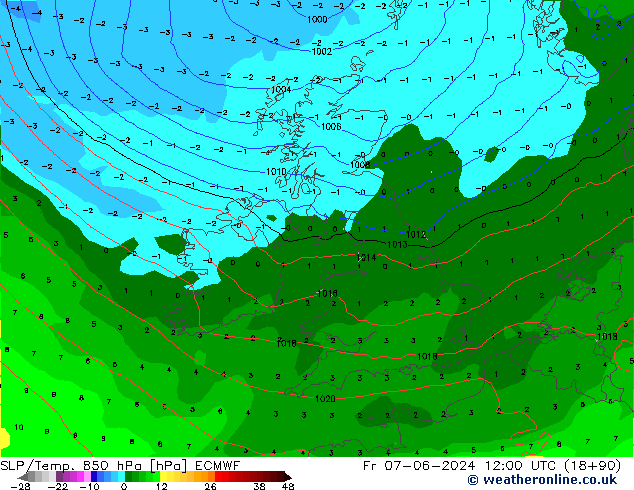 SLP/Temp. 850 гПа ECMWF пт 07.06.2024 12 UTC