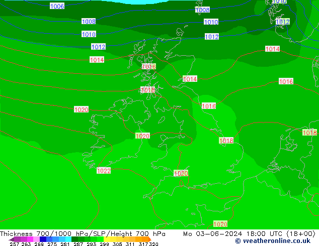 Espesor 700-1000 hPa ECMWF lun 03.06.2024 18 UTC