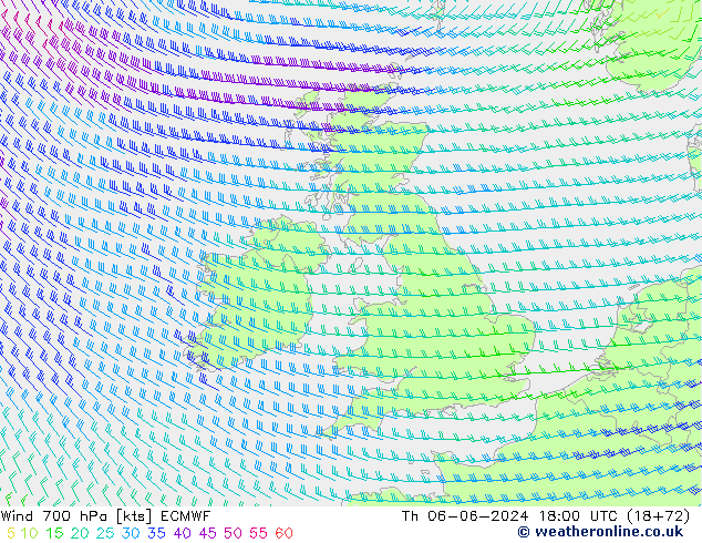 Wind 700 hPa ECMWF Th 06.06.2024 18 UTC