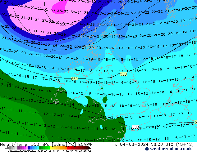 Z500/Rain (+SLP)/Z850 ECMWF Út 04.06.2024 06 UTC