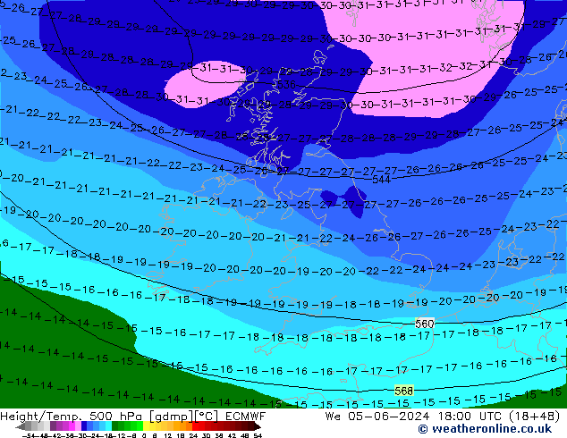 Z500/Rain (+SLP)/Z850 ECMWF We 05.06.2024 18 UTC