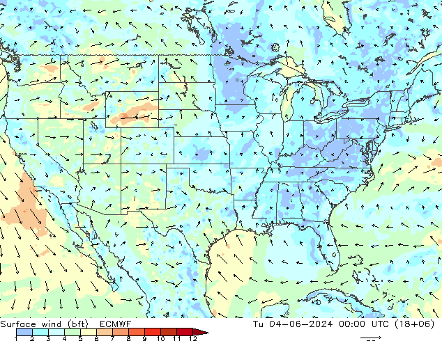 Surface wind (bft) ECMWF Tu 04.06.2024 00 UTC