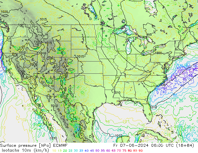 Isotaca (kph) ECMWF vie 07.06.2024 06 UTC