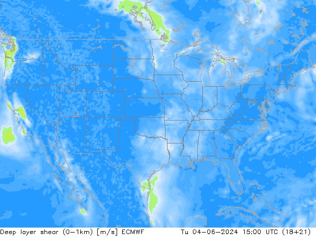 Deep layer shear (0-1km) ECMWF Út 04.06.2024 15 UTC