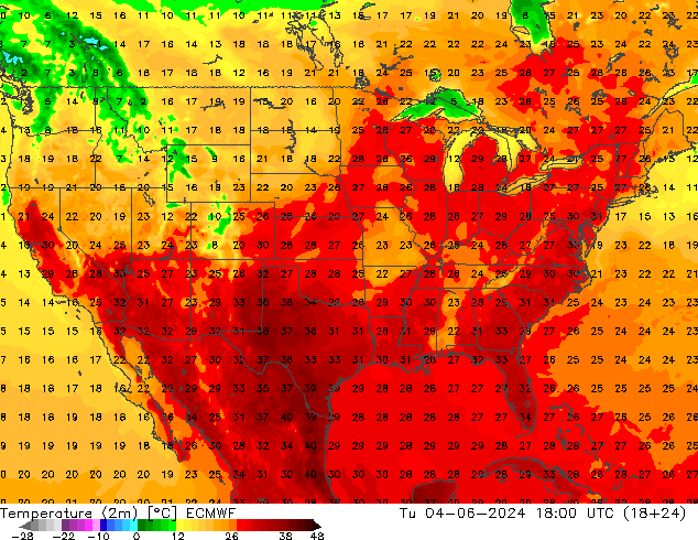 Temperature (2m) ECMWF Tu 04.06.2024 18 UTC