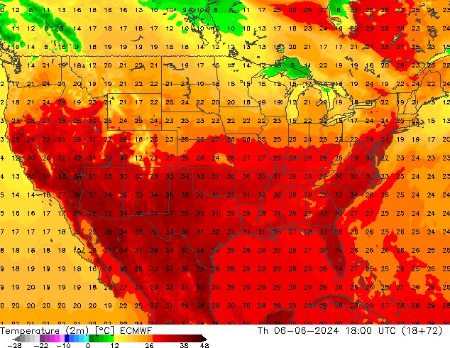 Temperatura (2m) ECMWF gio 06.06.2024 18 UTC