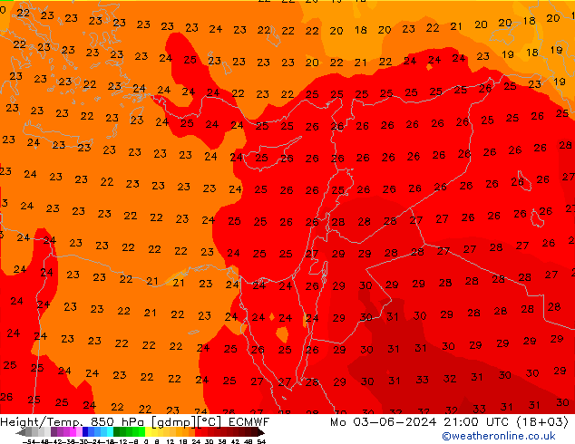 Height/Temp. 850 hPa ECMWF Mo 03.06.2024 21 UTC