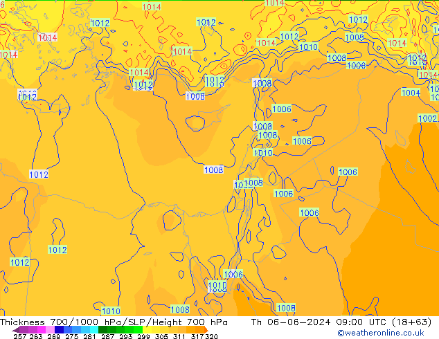 Thck 700-1000 hPa ECMWF Qui 06.06.2024 09 UTC