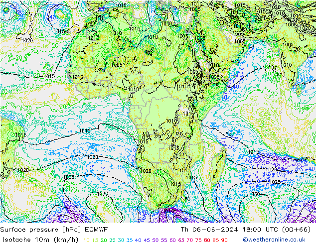 Isotachs (kph) ECMWF Qui 06.06.2024 18 UTC