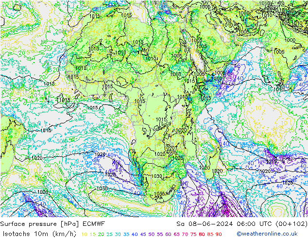 Eşrüzgar Hızları (km/sa) ECMWF Cts 08.06.2024 06 UTC