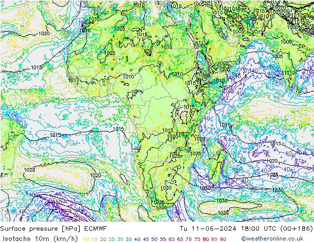 Isotachen (km/h) ECMWF di 11.06.2024 18 UTC