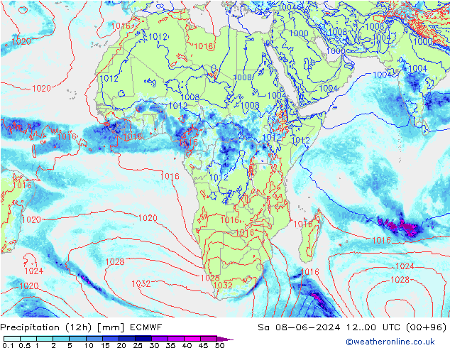 Totale neerslag (12h) ECMWF za 08.06.2024 00 UTC