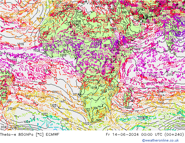 Theta-e 850hPa ECMWF ven 14.06.2024 00 UTC