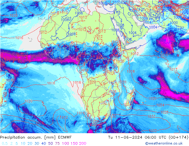 Precipitation accum. ECMWF вт 11.06.2024 06 UTC