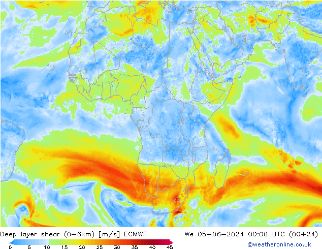 Deep layer shear (0-6km) ECMWF mié 05.06.2024 00 UTC