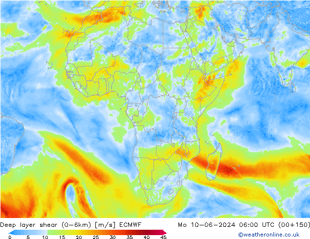 Deep layer shear (0-6km) ECMWF Seg 10.06.2024 06 UTC