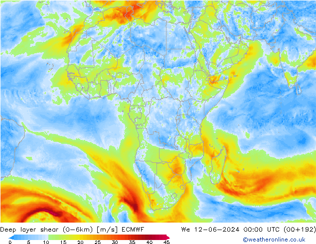 Deep layer shear (0-6km) ECMWF mer 12.06.2024 00 UTC