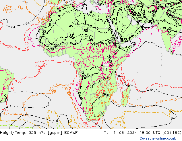 Yükseklik/Sıc. 925 hPa ECMWF Sa 11.06.2024 18 UTC
