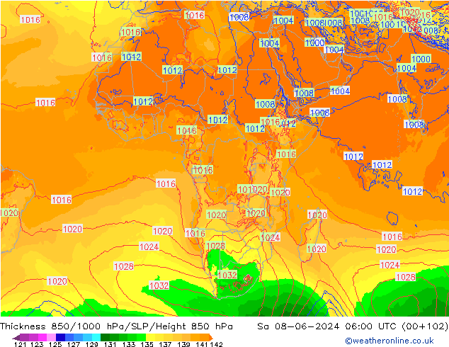 Thck 850-1000 гПа ECMWF сб 08.06.2024 06 UTC