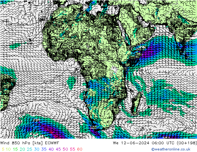 Vent 850 hPa ECMWF mer 12.06.2024 06 UTC