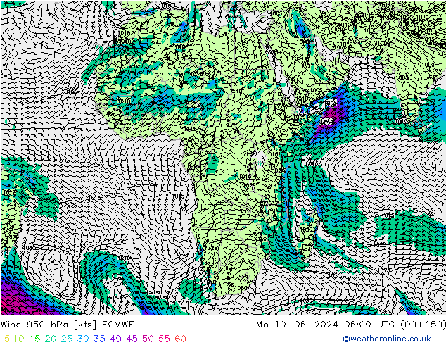 Wind 950 hPa ECMWF Mo 10.06.2024 06 UTC