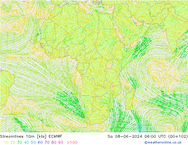 Linia prądu 10m ECMWF so. 08.06.2024 06 UTC