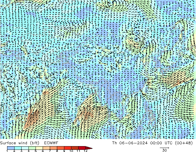 Surface wind (bft) ECMWF Th 06.06.2024 00 UTC