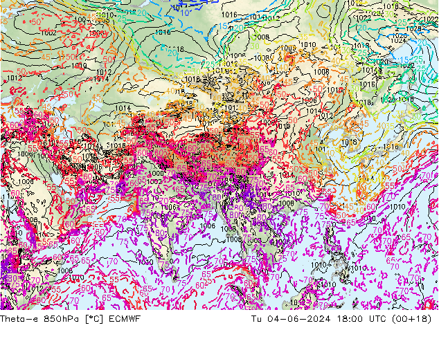 Theta-e 850hPa ECMWF Tu 04.06.2024 18 UTC