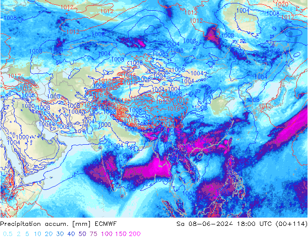 Precipitation accum. ECMWF Sa 08.06.2024 18 UTC