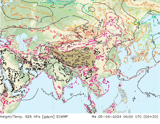 Height/Temp. 925 hPa ECMWF We 05.06.2024 06 UTC