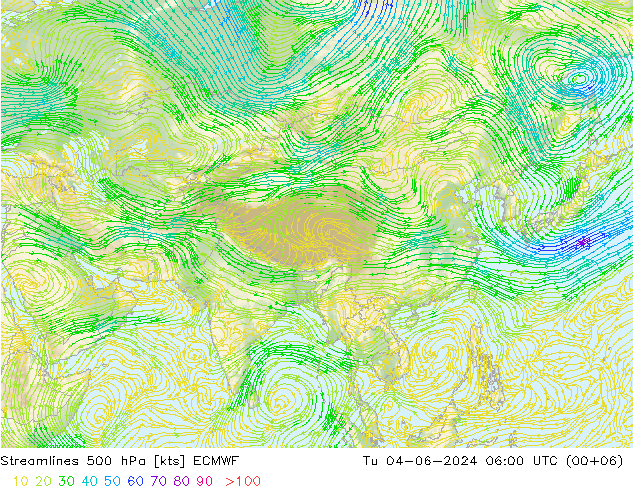 Streamlines 500 hPa ECMWF Út 04.06.2024 06 UTC