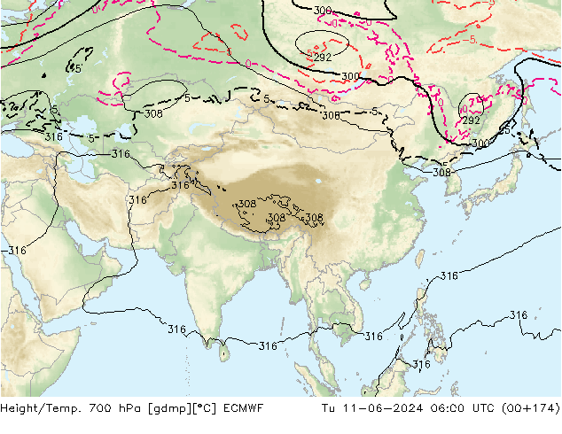 Geop./Temp. 700 hPa ECMWF mar 11.06.2024 06 UTC