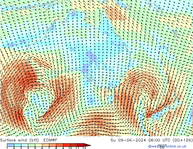 Wind 10 m (bft) ECMWF zo 09.06.2024 06 UTC