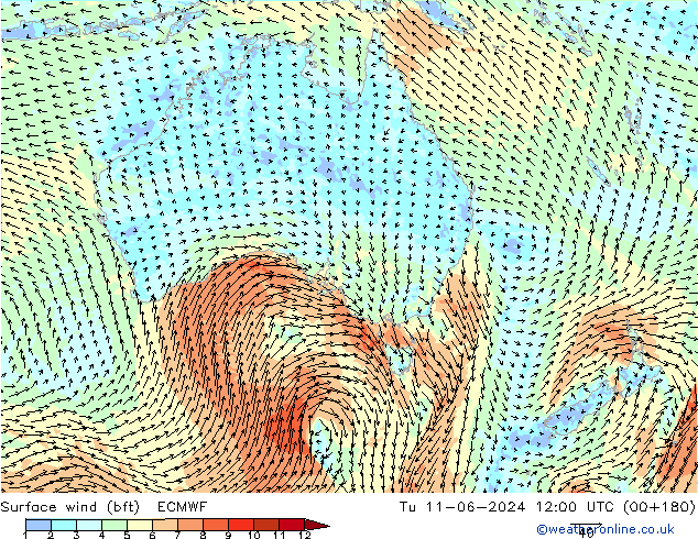 Vento 10 m (bft) ECMWF Ter 11.06.2024 12 UTC