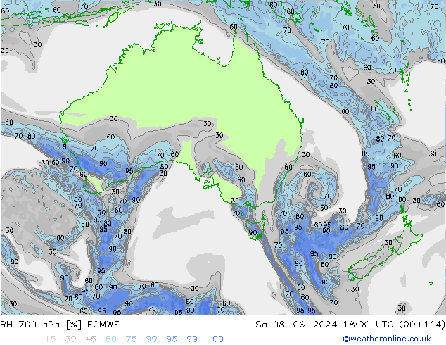 RH 700 hPa ECMWF Sáb 08.06.2024 18 UTC