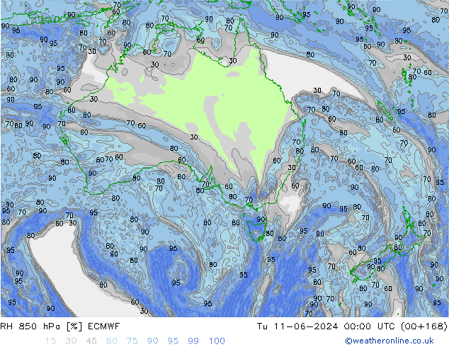 RH 850 hPa ECMWF Út 11.06.2024 00 UTC