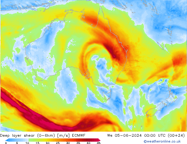 Deep layer shear (0-6km) ECMWF St 05.06.2024 00 UTC