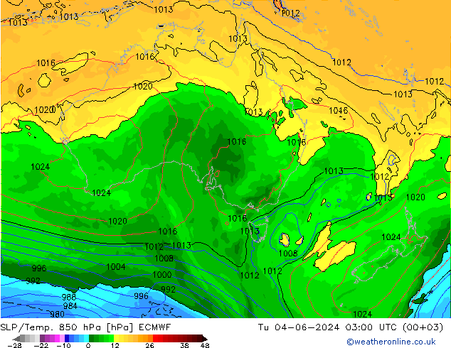 SLP/Temp. 850 hPa ECMWF Tu 04.06.2024 03 UTC