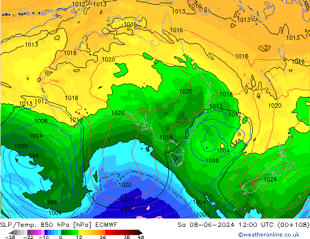 SLP/Temp. 850 hPa ECMWF sáb 08.06.2024 12 UTC