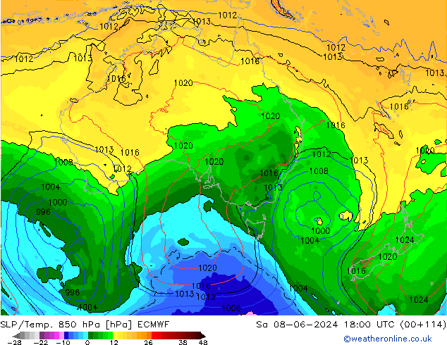 SLP/Temp. 850 hPa ECMWF  08.06.2024 18 UTC