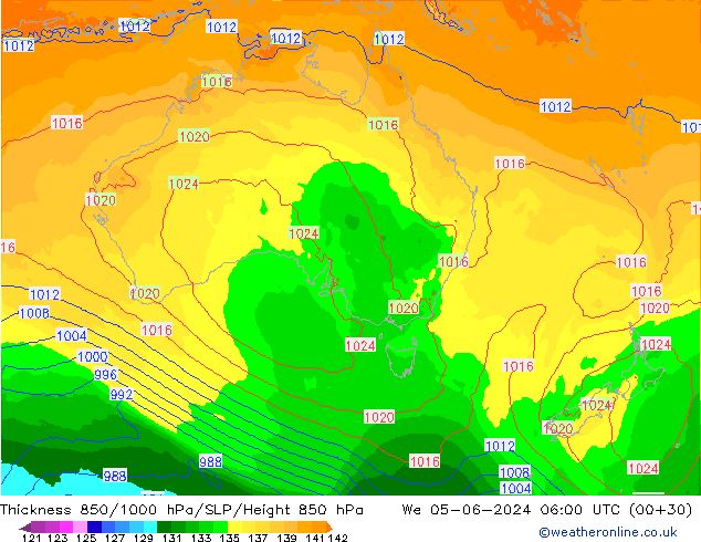 Dikte 850-1000 hPa ECMWF wo 05.06.2024 06 UTC