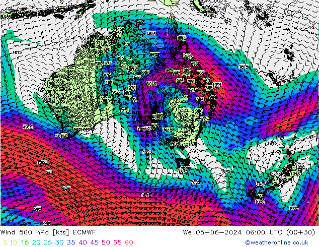 Wind 500 hPa ECMWF wo 05.06.2024 06 UTC