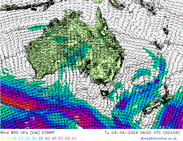 wiatr 850 hPa ECMWF wto. 04.06.2024 06 UTC