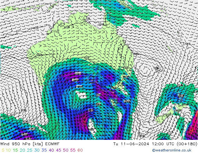 Vent 950 hPa ECMWF mar 11.06.2024 12 UTC