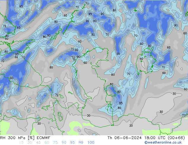 RH 300 hPa ECMWF czw. 06.06.2024 18 UTC